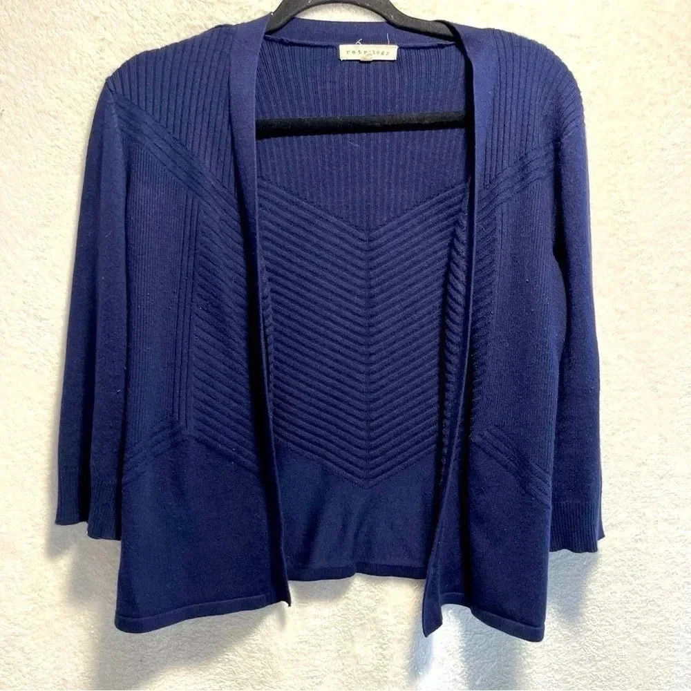 💙 Retrology Navy Blue Open Front Cardigan Ribbed Knit 3/4 Sleeve Lightweight - Picture 2 of 2